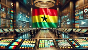 DALL·E 2025-01-13 11.20.55 - A striking scene featuring the Ghanaian flag prominently displayed next to a nuclear control center with numerous screens. The flag, with its red, yel