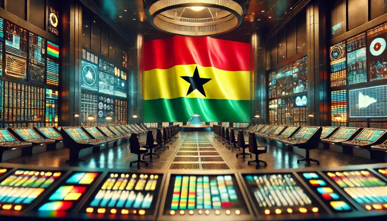 DALL·E 2025-01-13 11.20.55 - A striking scene featuring the Ghanaian flag prominently displayed next to a nuclear control center with numerous screens. The flag, with its red, yel